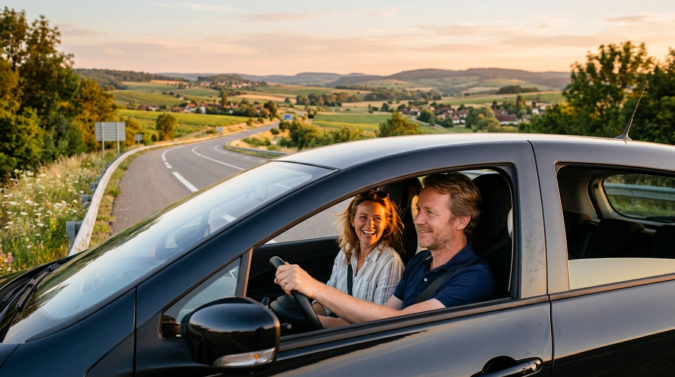 Couple souriant roulant sur une autoroute dégagée au coucher du soleil