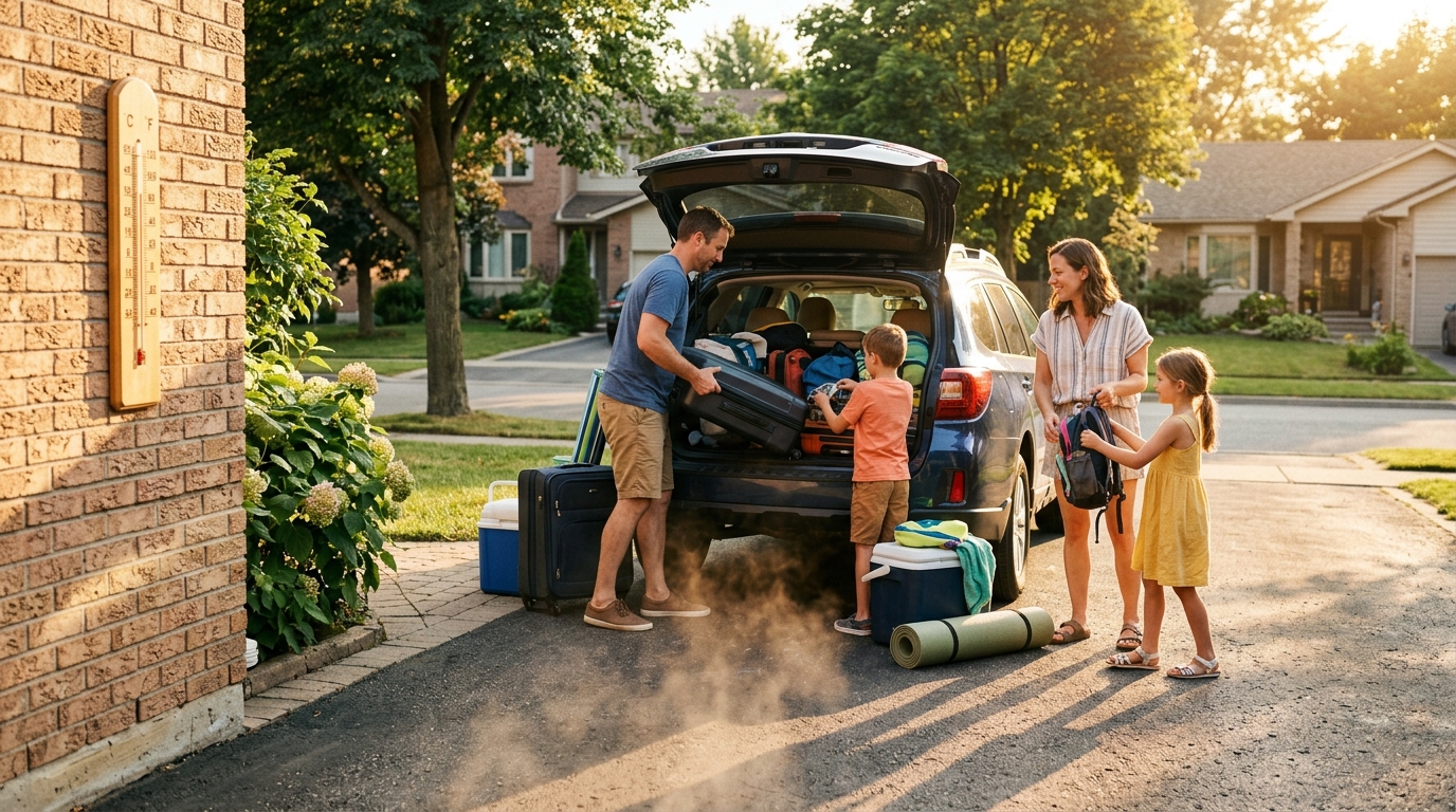 Famille chargeant la voiture avant un départ en vacances