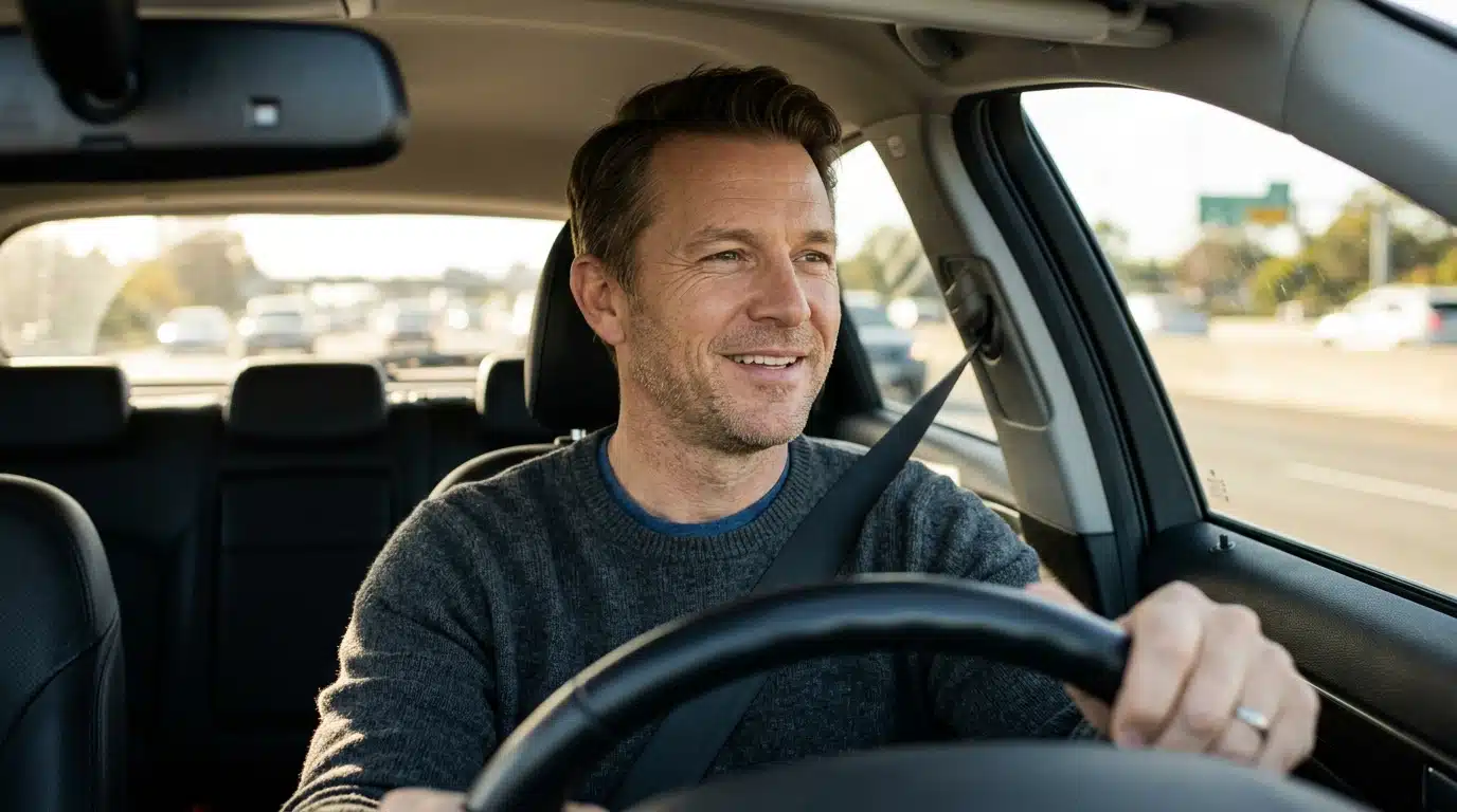 Conducteur souriant au téléphone en voiture