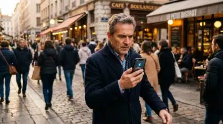 Homme inquiet vérifiant le Bluetooth de son smartphone dans la rue