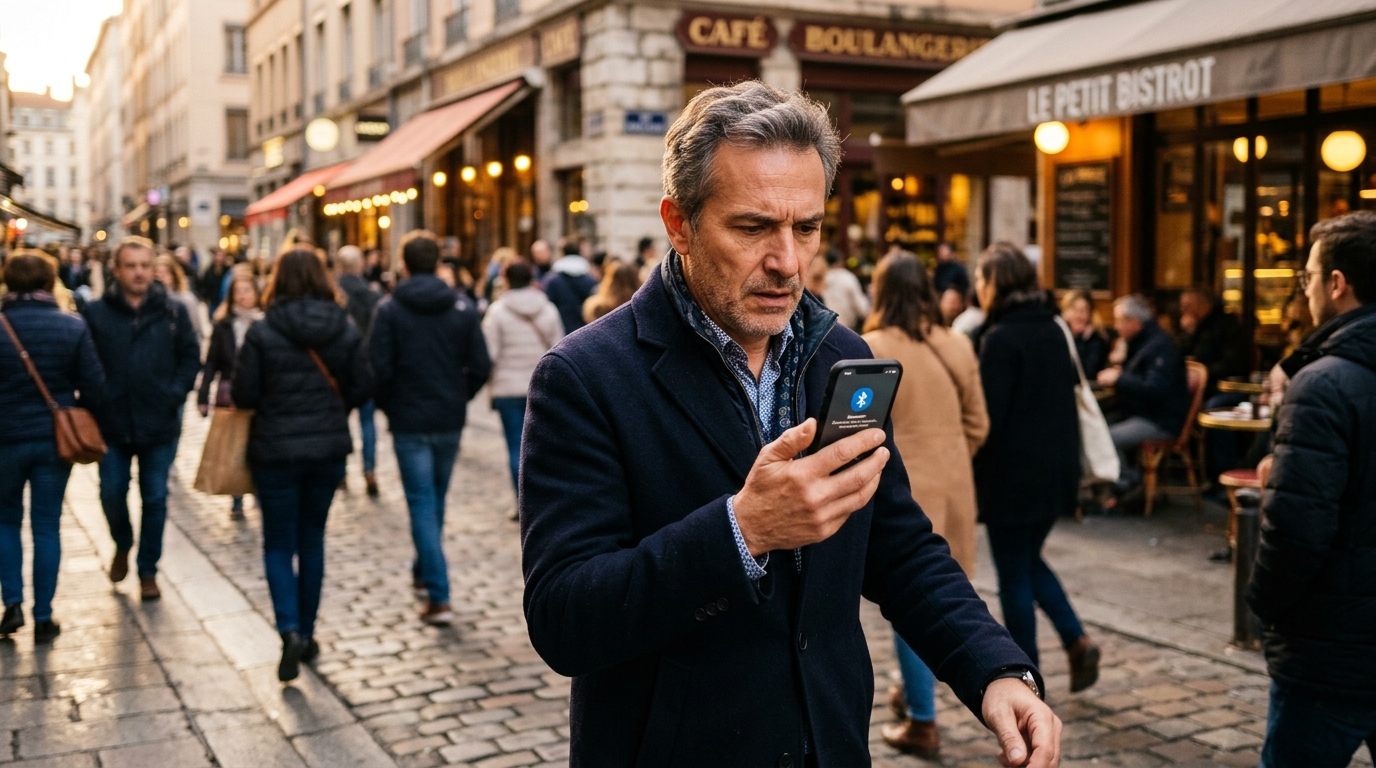 Homme inquiet vérifiant le Bluetooth de son smartphone dans la rue