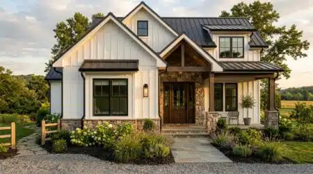 Façade blanche style farmhouse avec bardage bois vertical