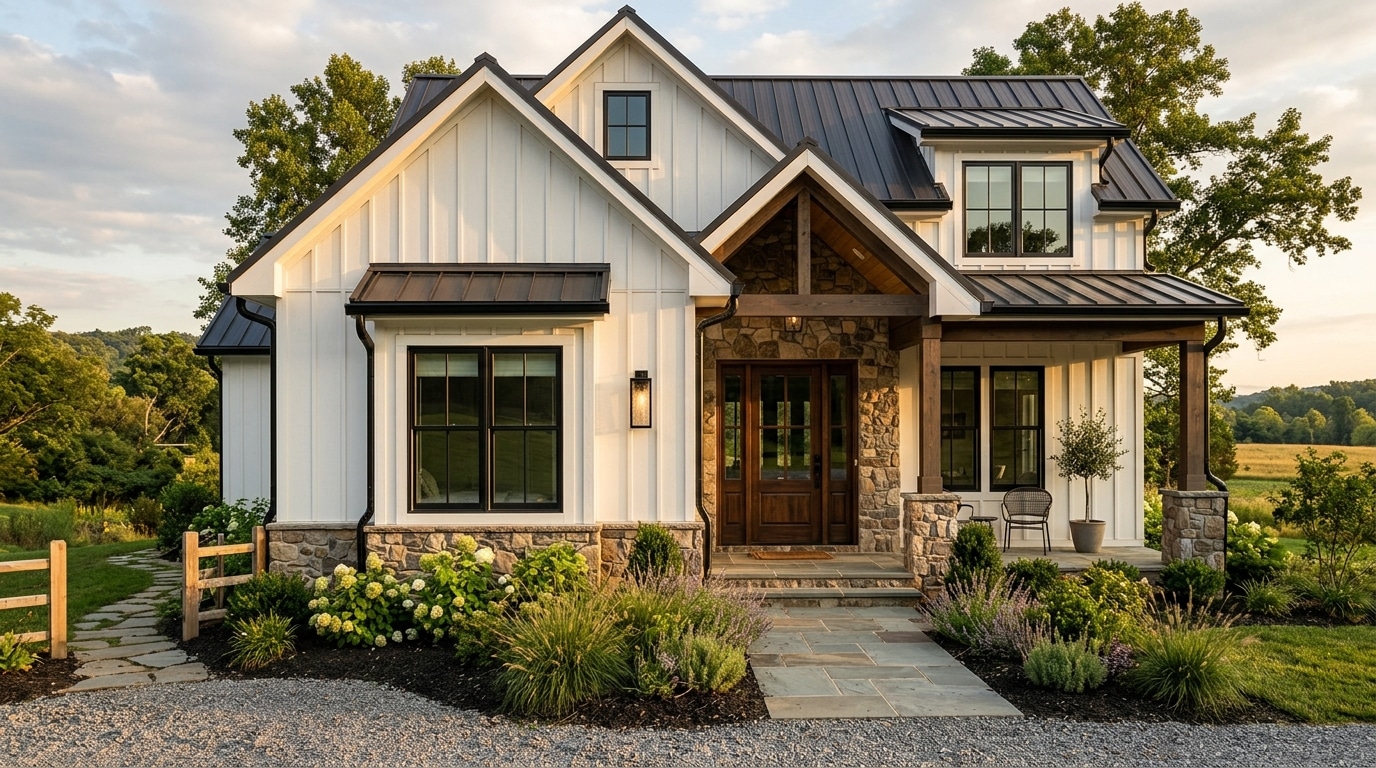 Façade blanche style farmhouse avec bardage bois vertical