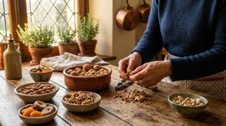 Bol de pistaches et noix sur table en bois