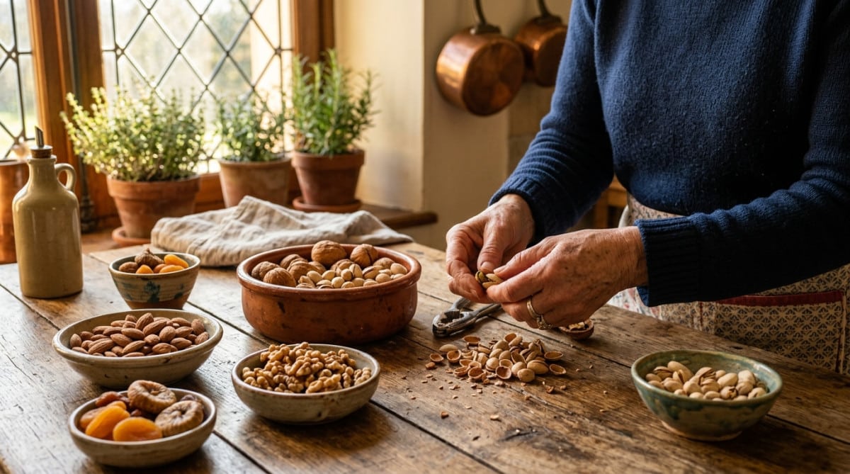 Bol de pistaches et noix sur table en bois