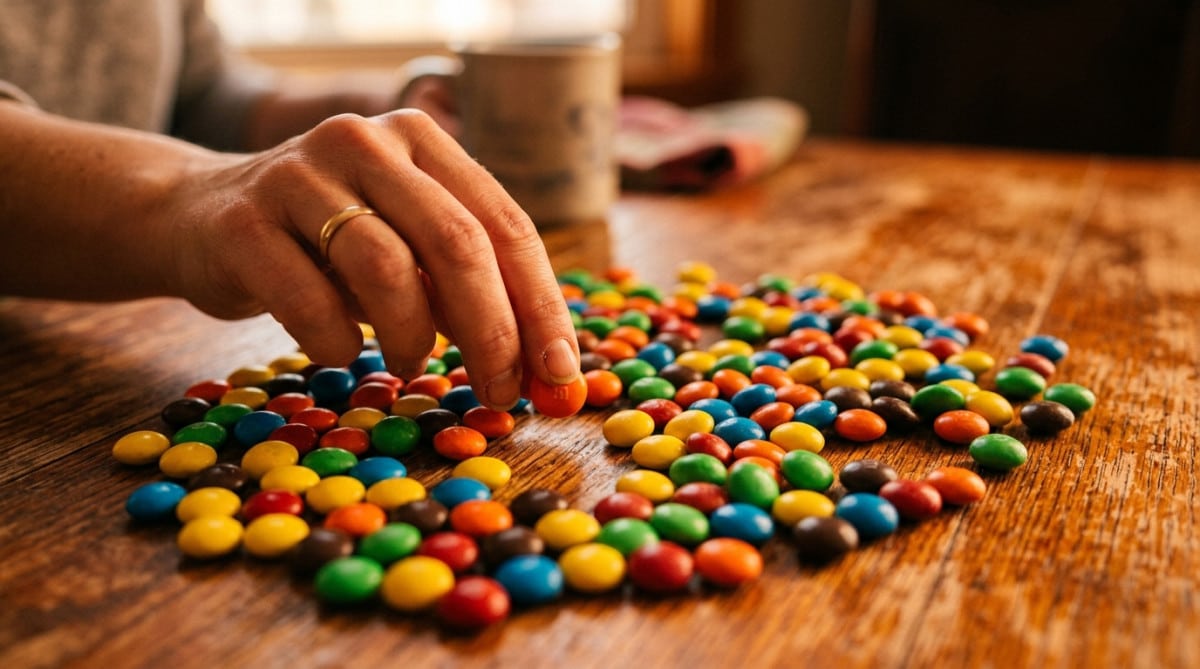Bonbons M&M's colorés renversés sur une table en bois