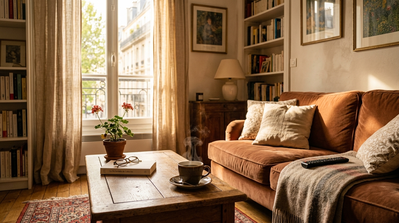Télécommande posée sur un canapé avec une tasse de café le matin