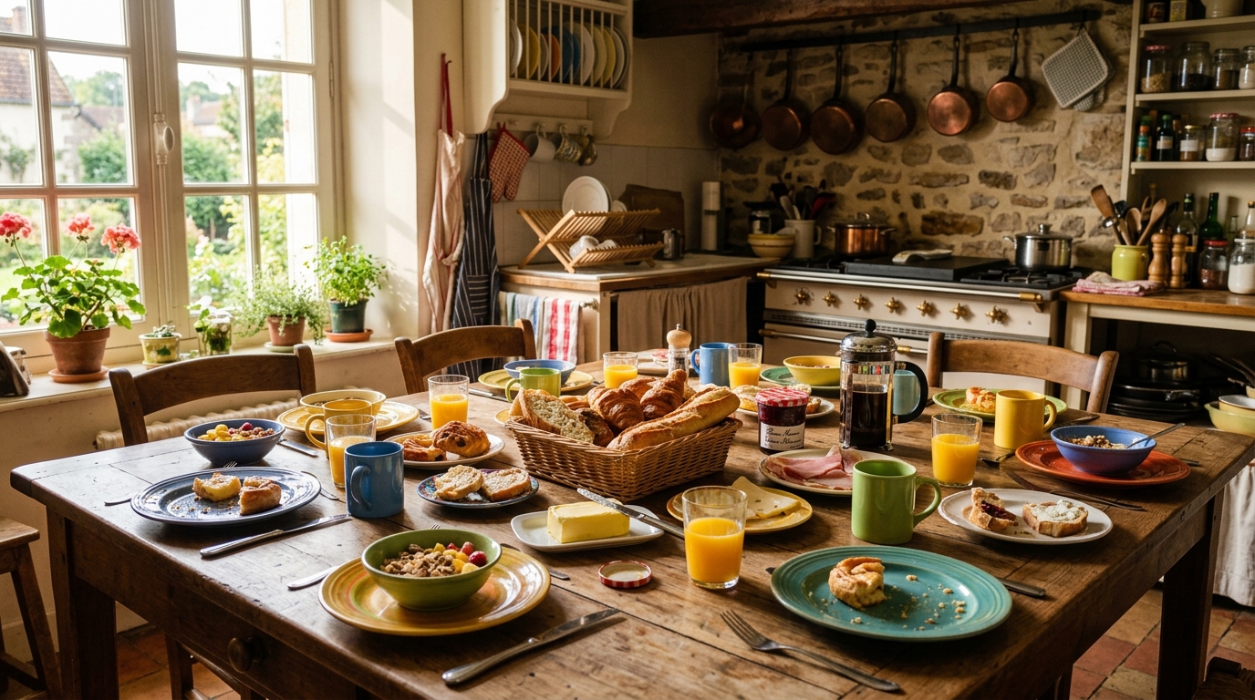 Table de petit-déjeuner familiale bien garnie dans une maison française