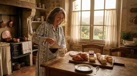 Femme souriante prépare le petit-déjeuner à l'aube