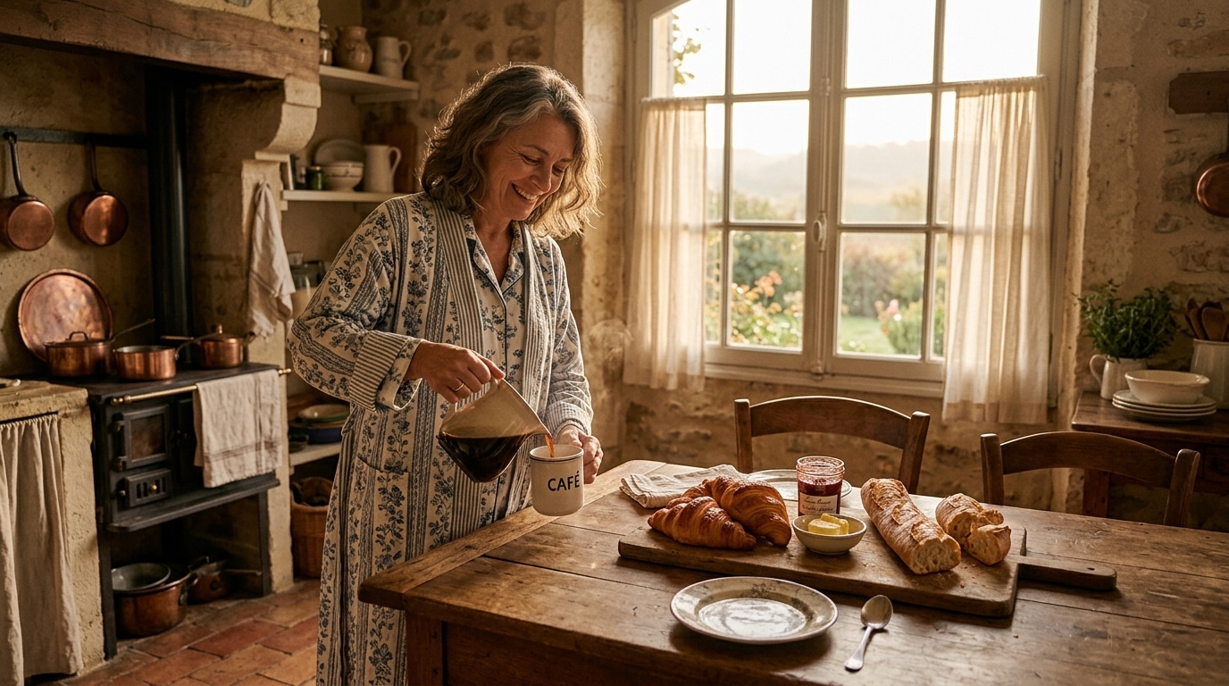 Femme souriante prépare le petit-déjeuner à l'aube