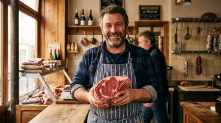 Boucher artisan souriant tenant une pièce de bœuf fraîche