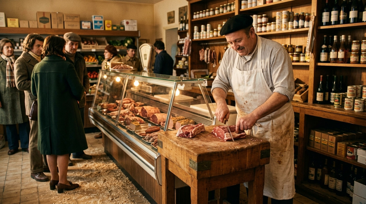 Boucher traditionnel derrière son comptoir dans les années 70