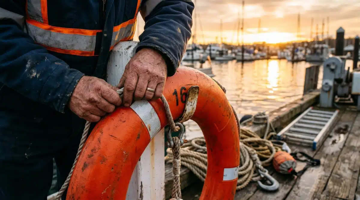 Bouée de sauvetage orange sur un quai au coucher du soleil