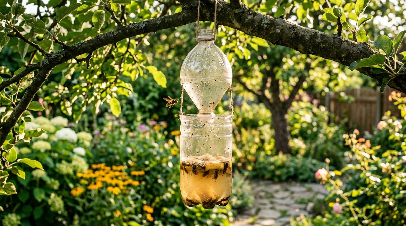 Piège à bouteille suspendu dans un jardin ensoleillé