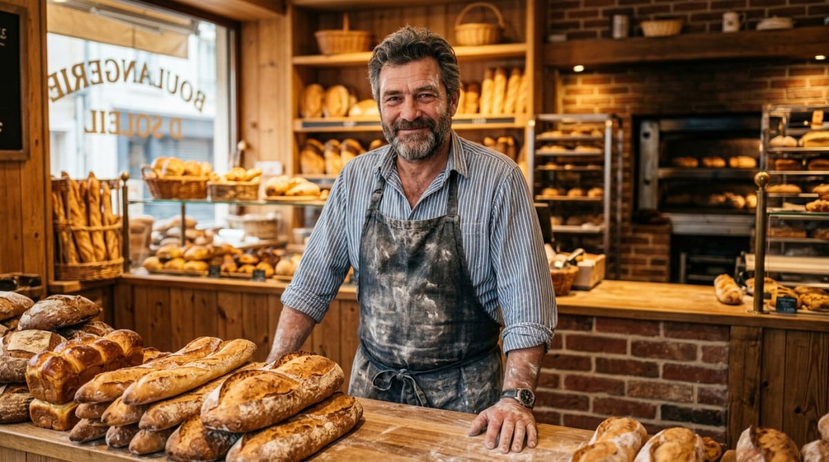 Boulanger devant son comptoir de pains dorés à l'aube