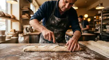 Boulanger entaillant une baguette crue avec une lame