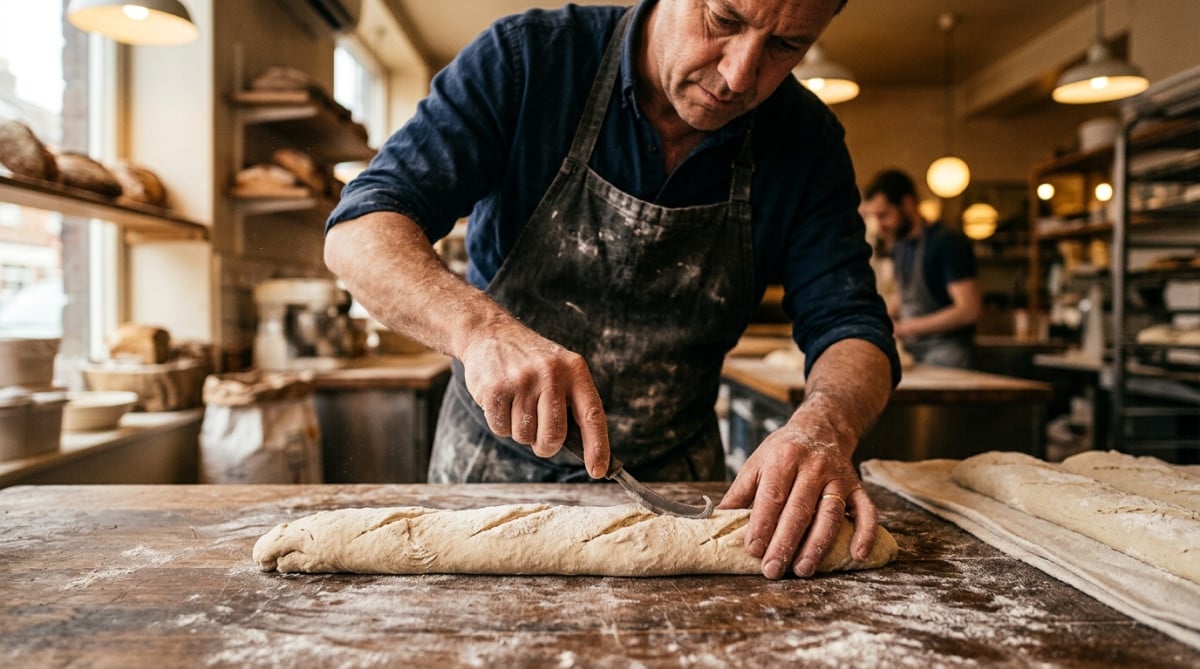 Boulanger entaillant une baguette crue avec une lame