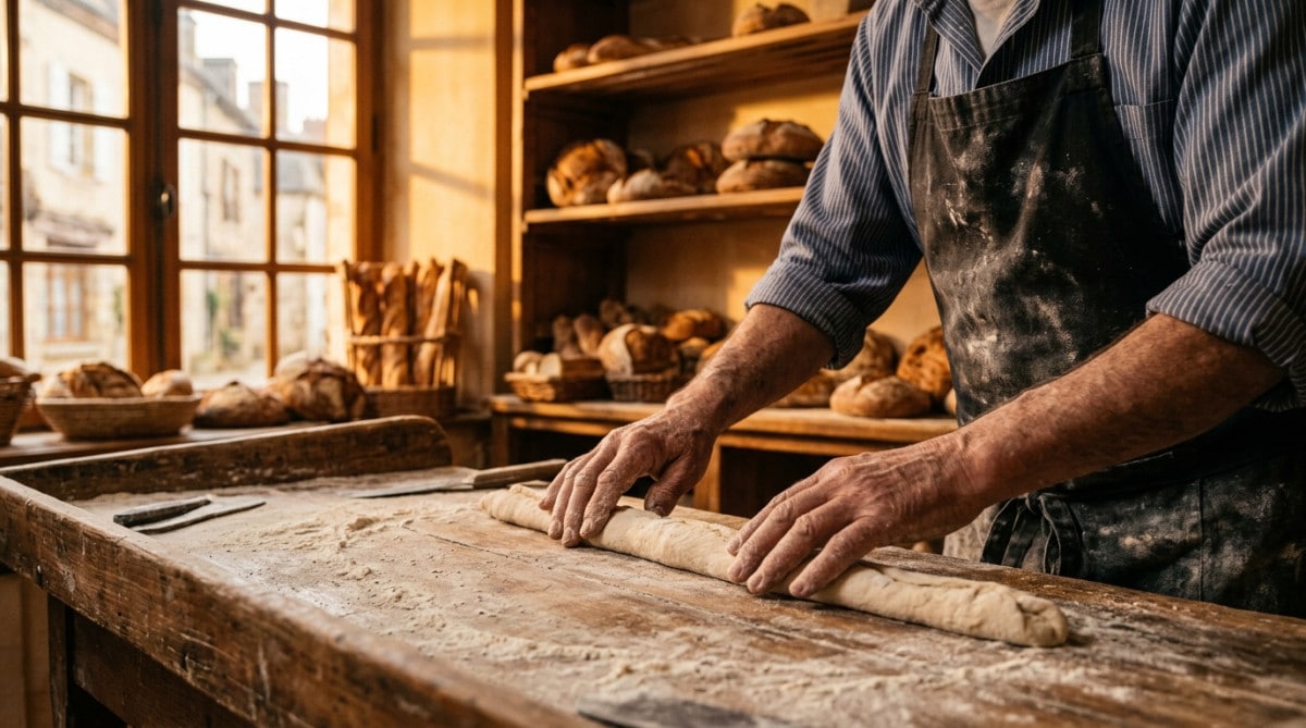 Boulanger façonnant la pâte à baguette à la main