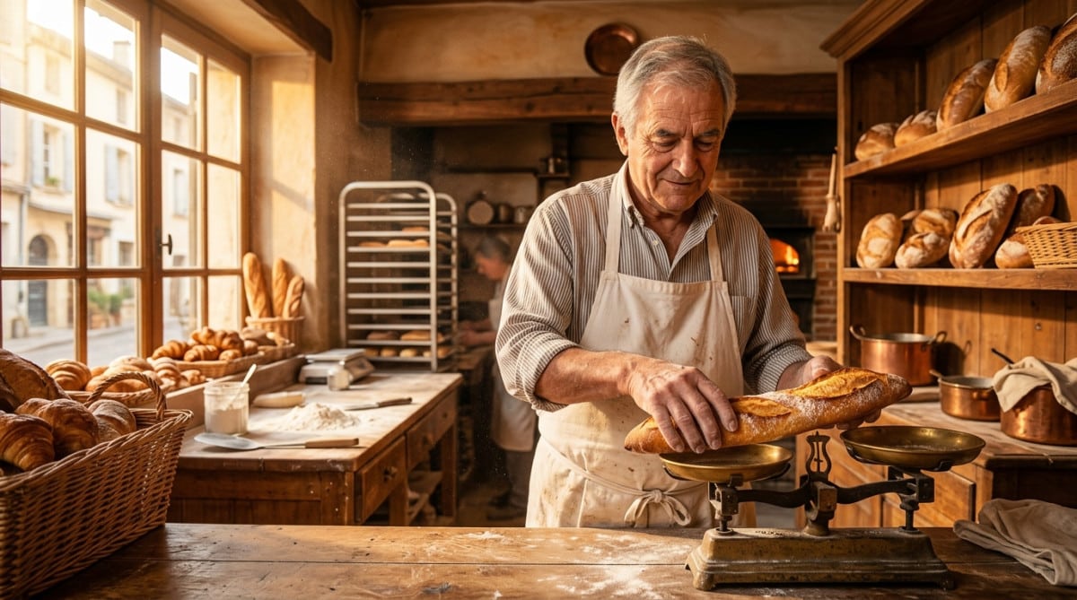 Boulanger pesant une baguette fraîche sur une balance