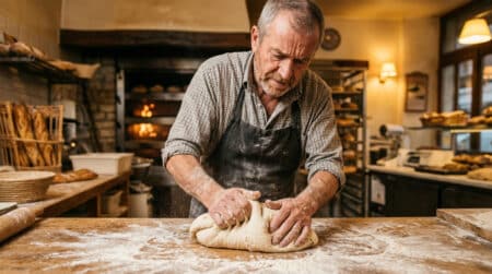 Boulanger pétrissant la pâte à baguette à la main