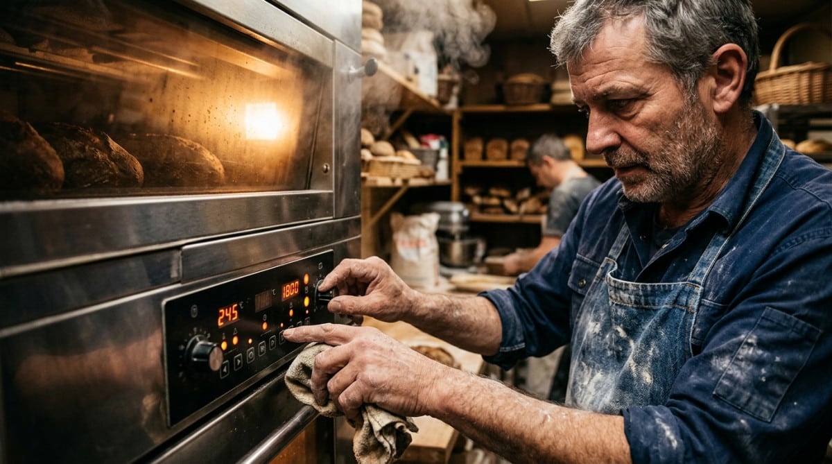 Boulanger vérifiant le four électrique de son fournil