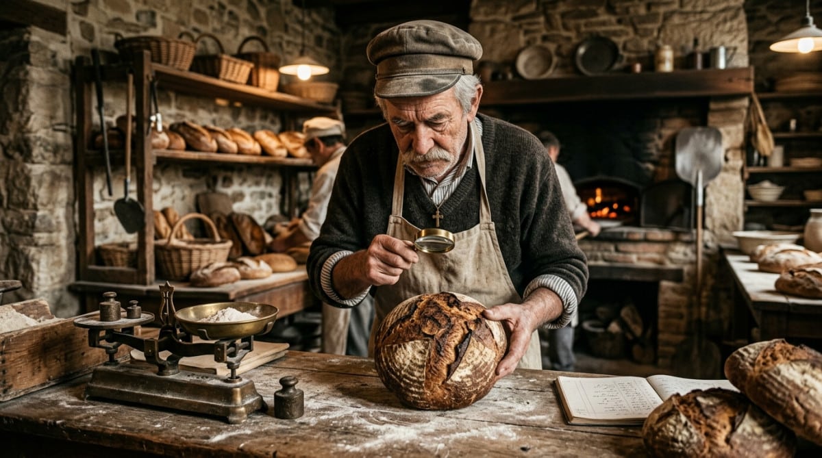 Boulanger vérifiant le poids d'un pain ancien