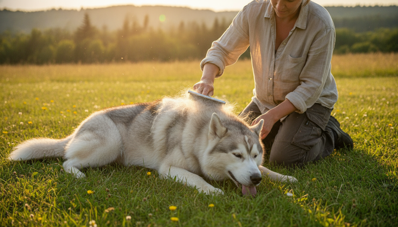 Husky au poil épais épuisé sous le soleil d'été
