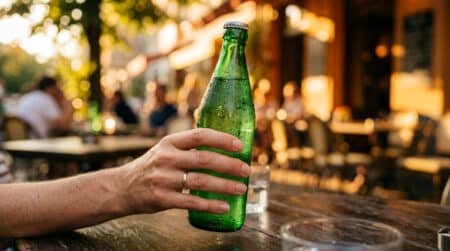 Bouteille de Perrier tenue en terrasse au soleil