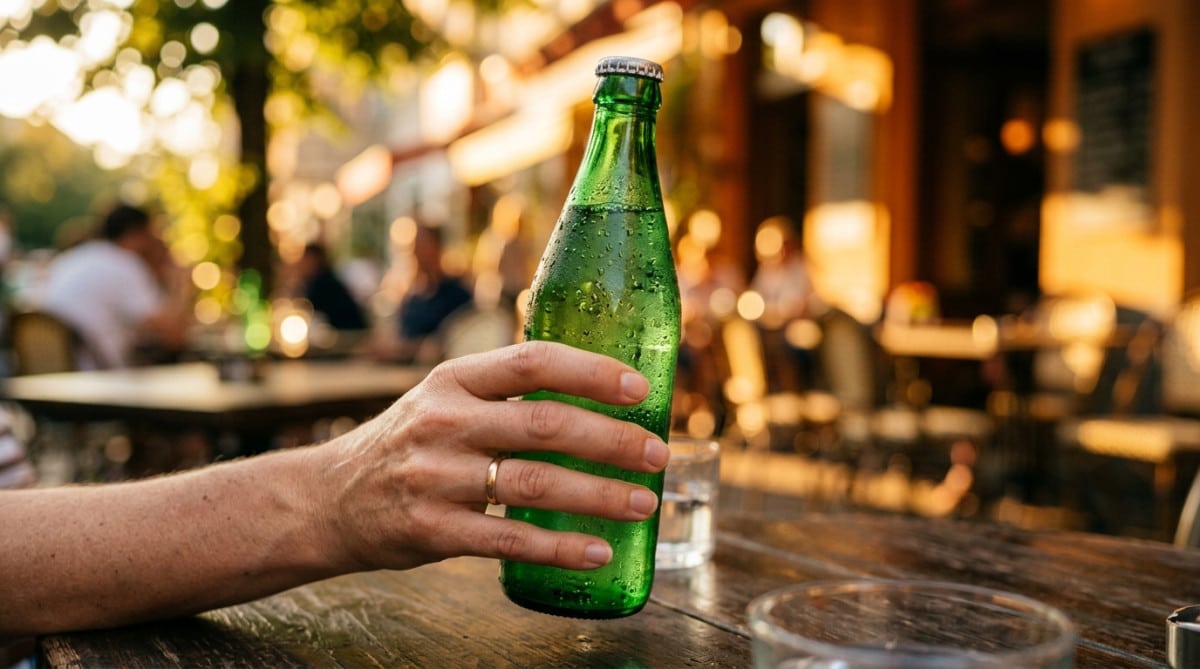 Bouteille de Perrier tenue en terrasse au soleil