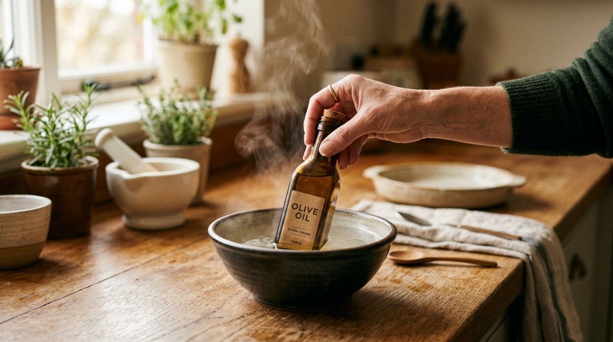 Bouteille d'huile d'olive plongée dans un bol d'eau tiède
