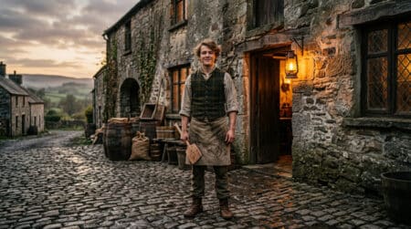 Brasseur irlandais du 18e siècle devant sa brasserie