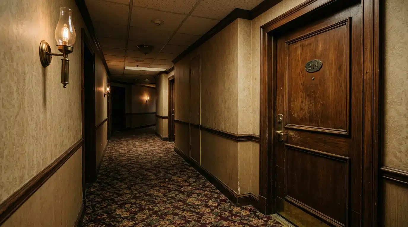 Couloir d'hôtel vintage avec porte fermée en lumière tamisée