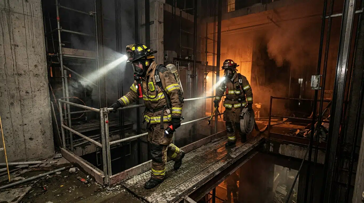 Pompiers recherchant des victimes dans une cage d'ascenseur