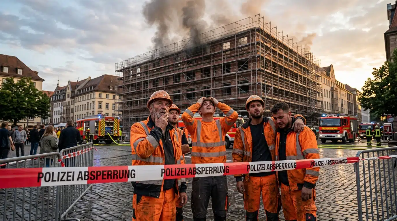 Ouvriers inquiets devant le chantier après le drame