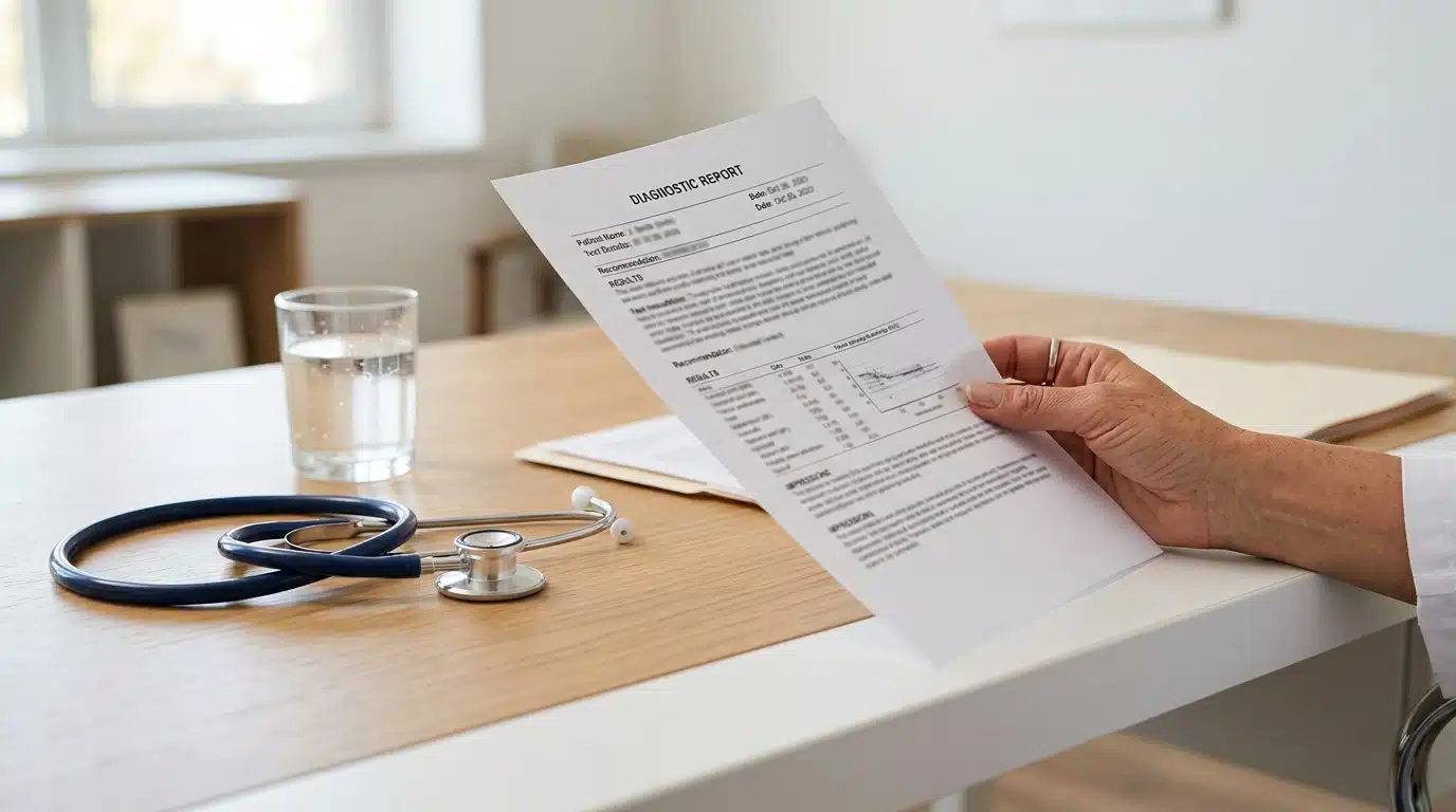 Rapport médical flou posé près d'un stéthoscope