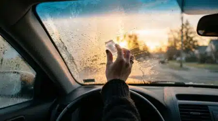 Main frottant un glaçon sur une vitre de voiture embuée