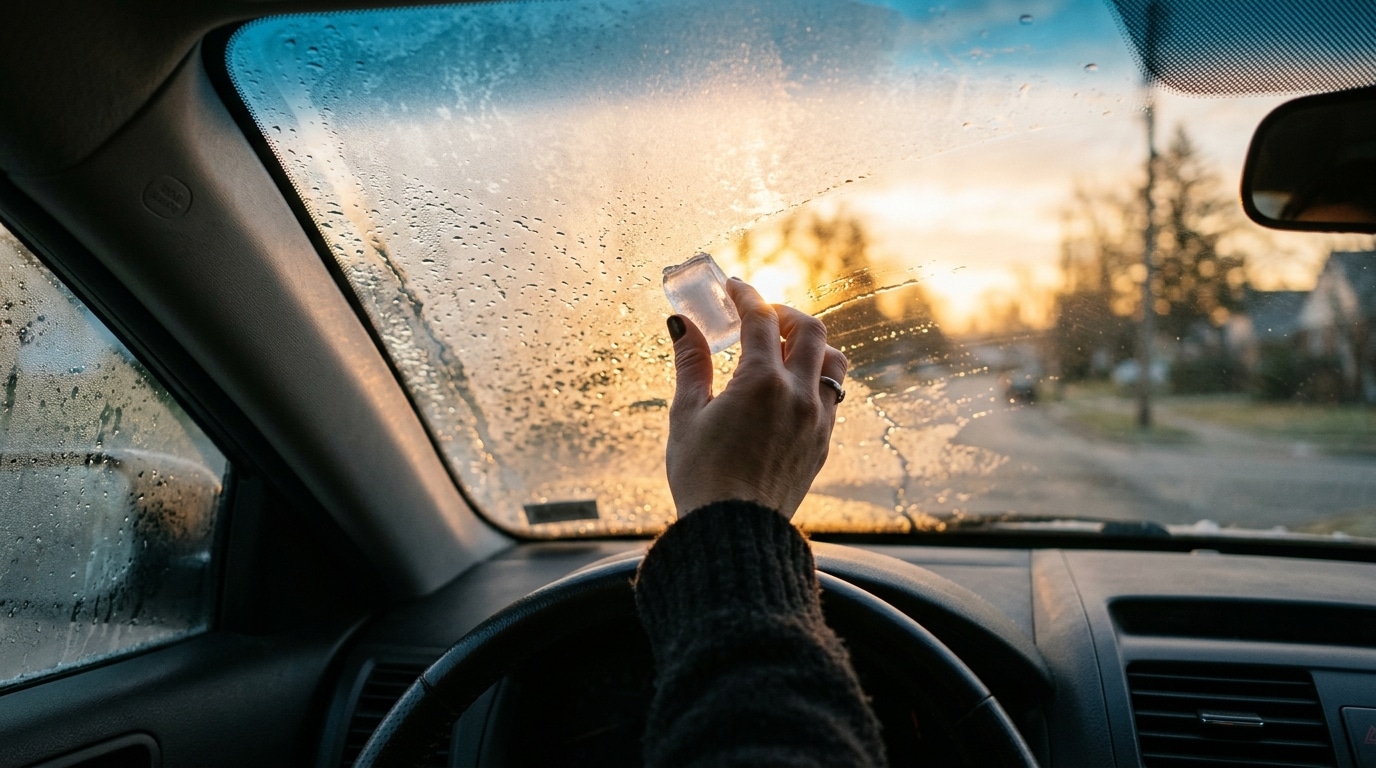 Main frottant un glaçon sur une vitre de voiture embuée