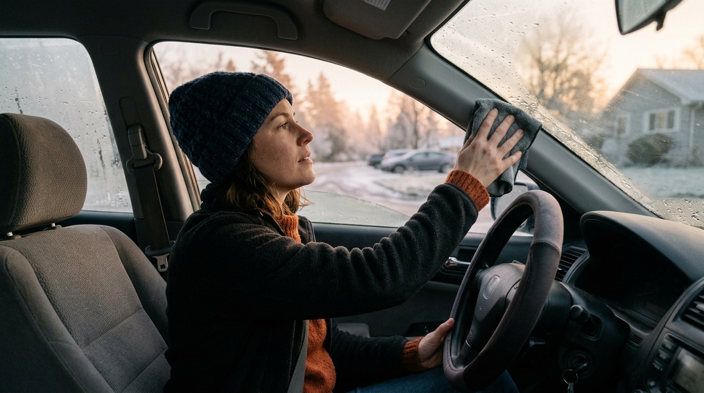 Femme essuyant son pare-brise après l'astuce du glaçon