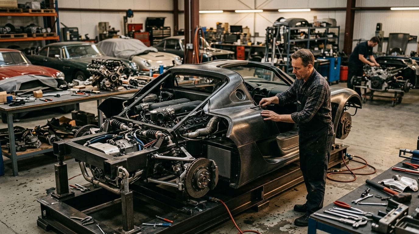 Carrosserie large sur mesure en cours de montage en atelier