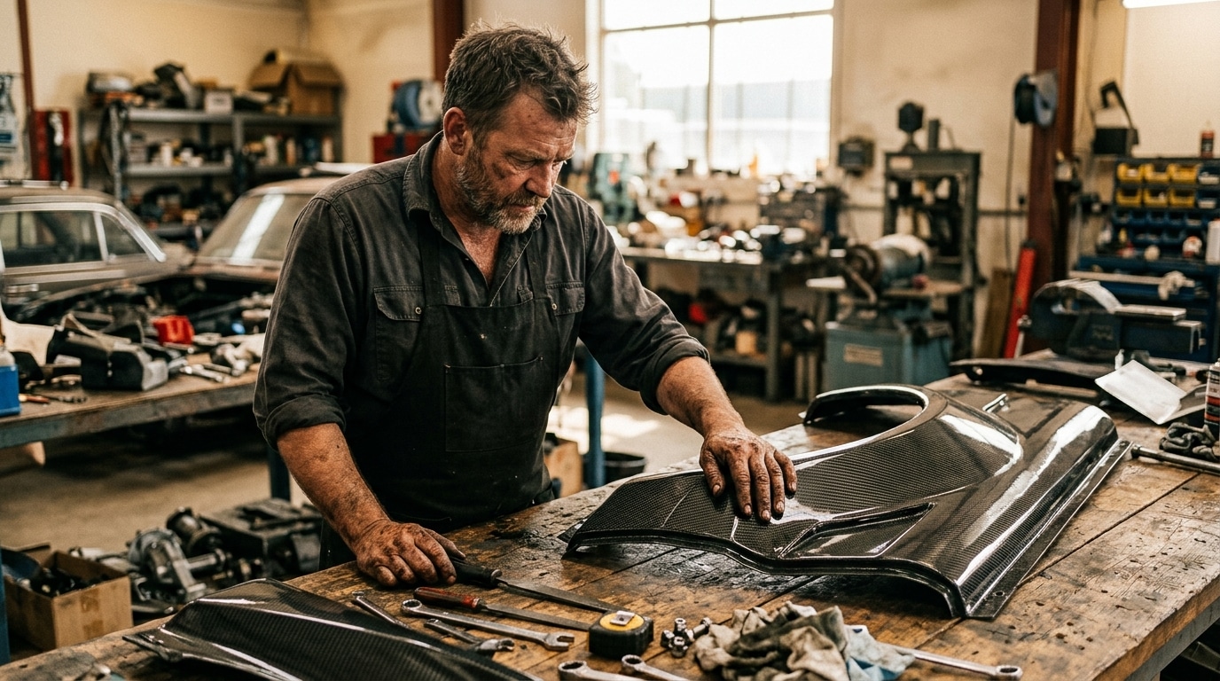 Mécanicien anonyme examinant des pièces de carrosserie carbone