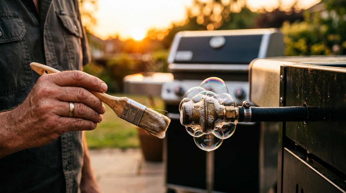 Bulles de savon révélant une fuite sur un tuyau de gaz