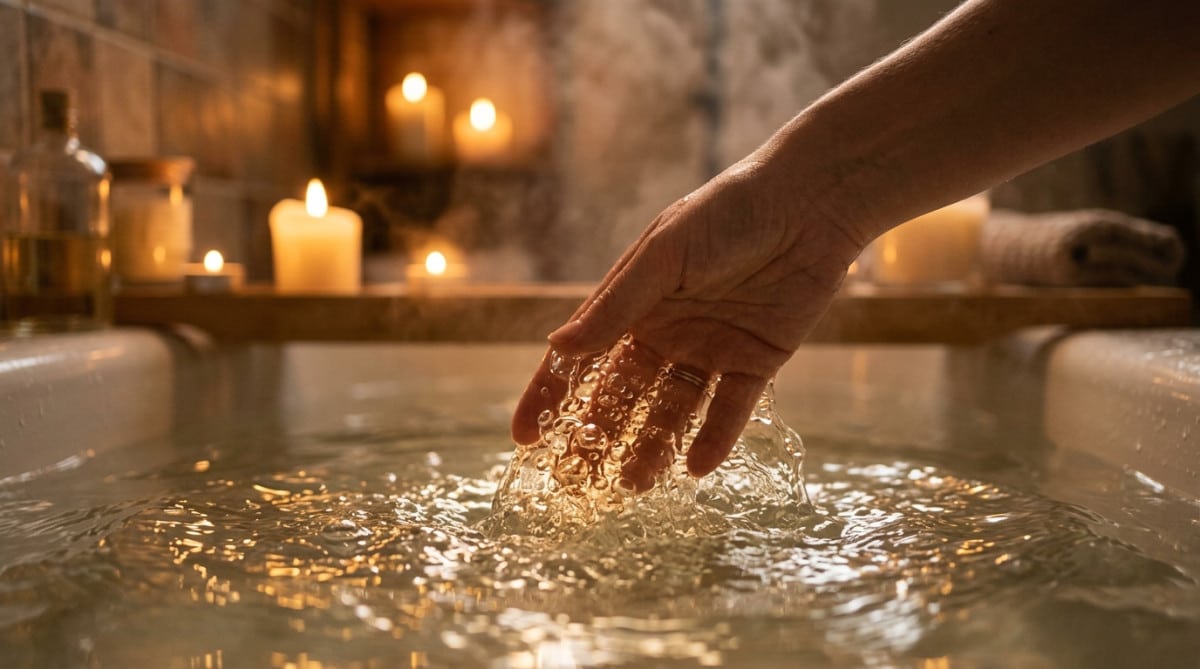Bulles remontant à la surface d'une eau de bain dorée