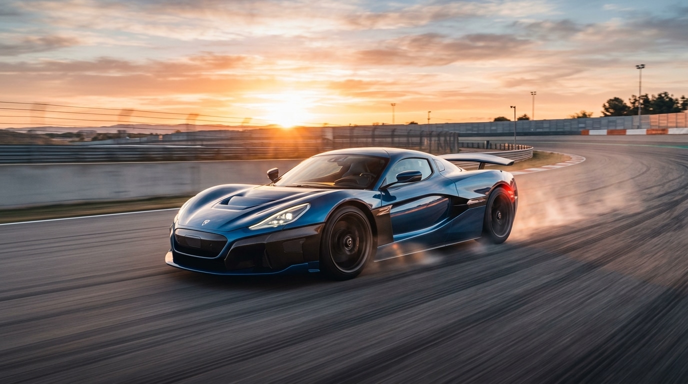 Supercar électrique filant à pleine vitesse sur piste d'essai