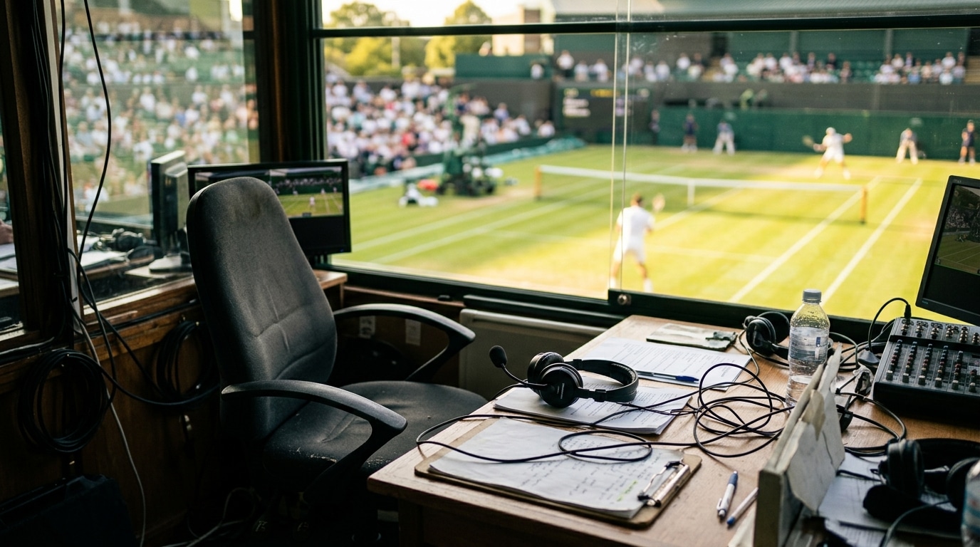 Cabine de commentaire vide avec casque sur table