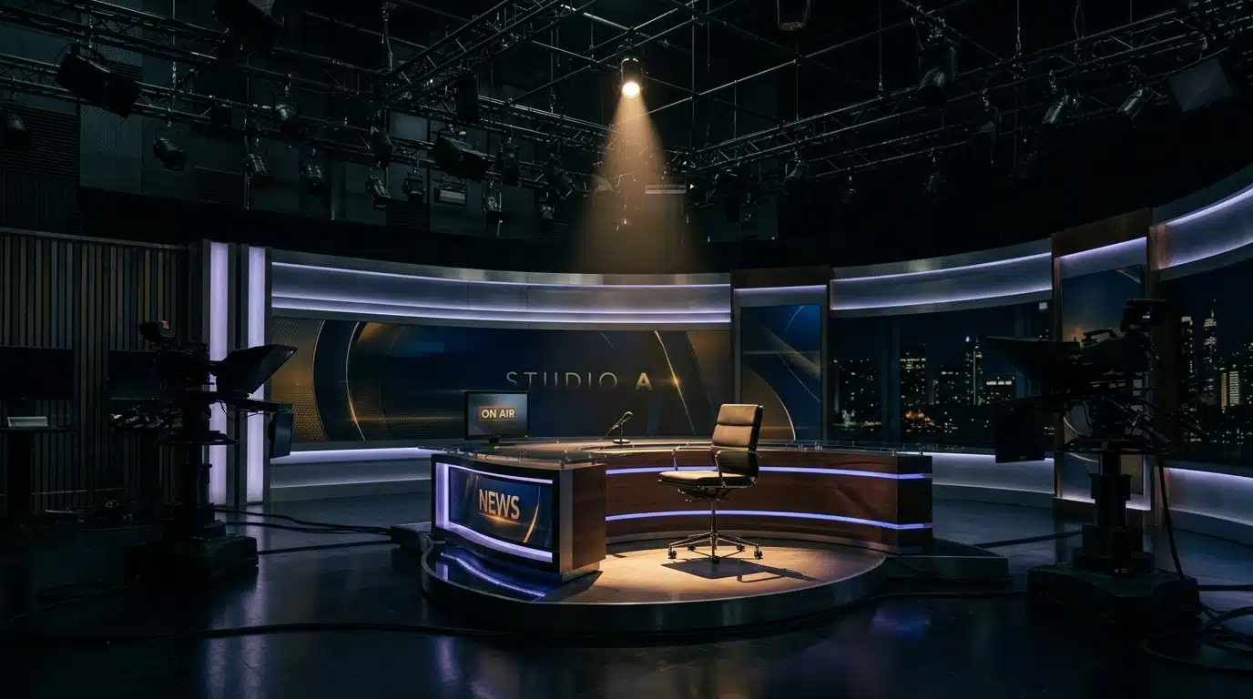 Studio de télévision vide avec chaise éclairée sous un spotlight