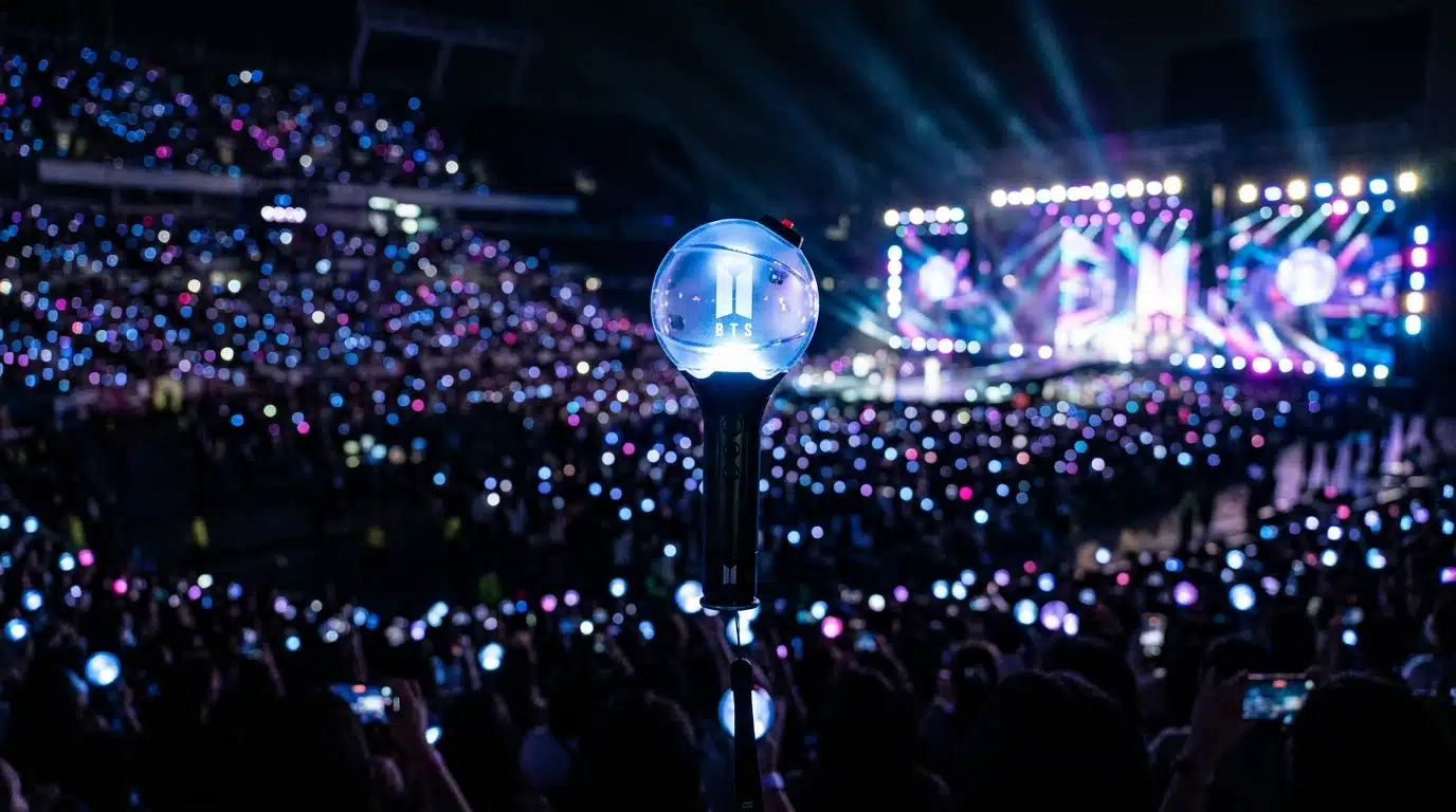 Bâton lumineux ARMY Bomb illuminé dans une salle de concert lors d'un show de K-pop