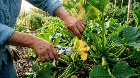 Mains coupant une feuille jaunie de courgette