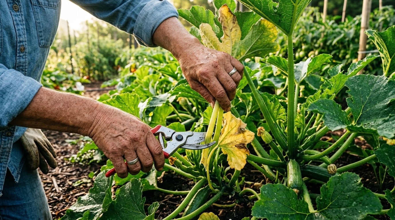 Mains coupant une feuille jaunie de courgette