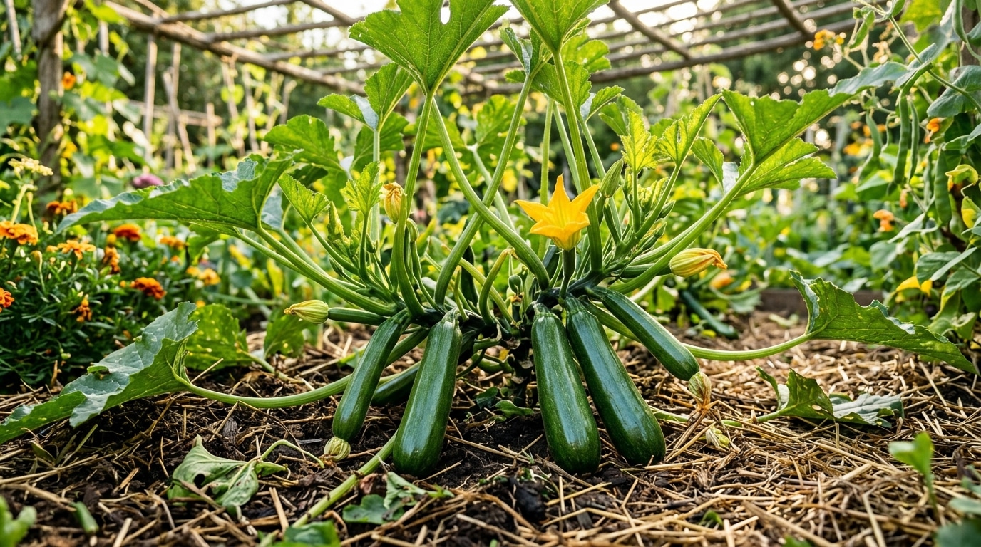 Pied de courgette éclairci avec fruits visibles