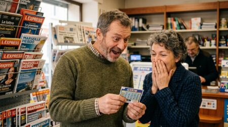 Couple souriant tenant un ticket de grattage gagnant